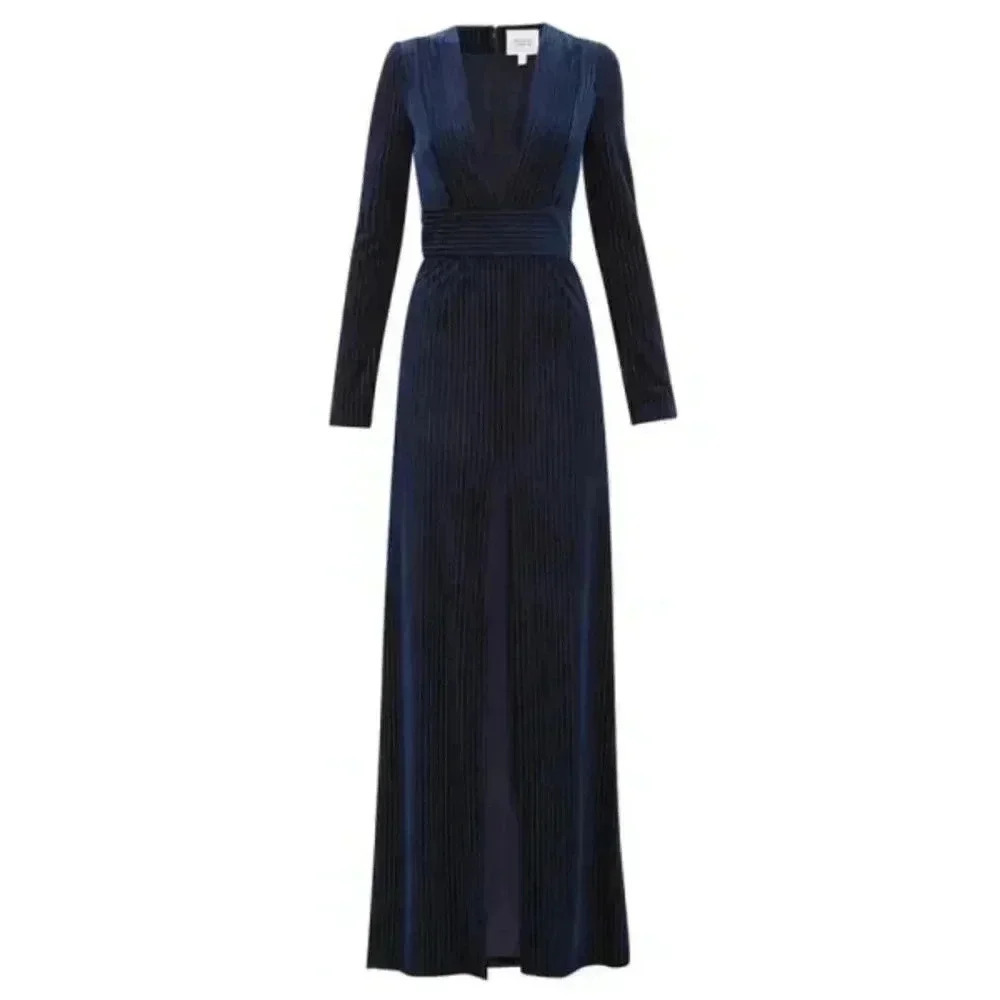 Galvan London Devoré Stardust Velvet and Sheer Striped Deep V Neck Gown SZ 2